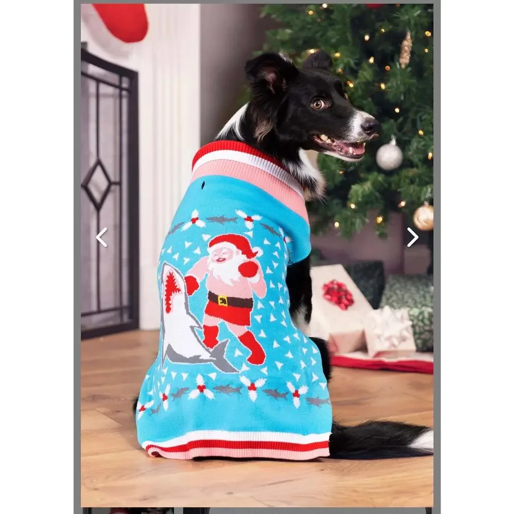 Boxing Santa and Shark Dog Christmas Sweater Size L